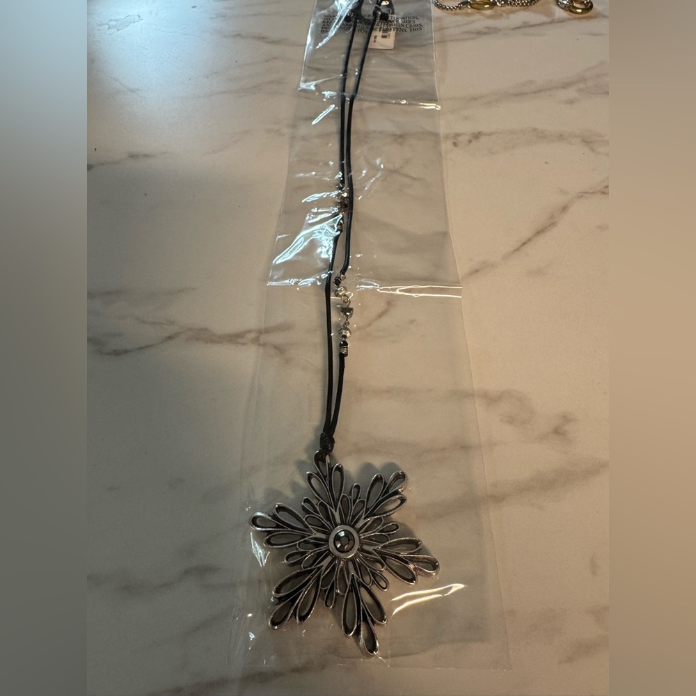 J.JILL Silver Floral Pendant Necklace on Black Cord